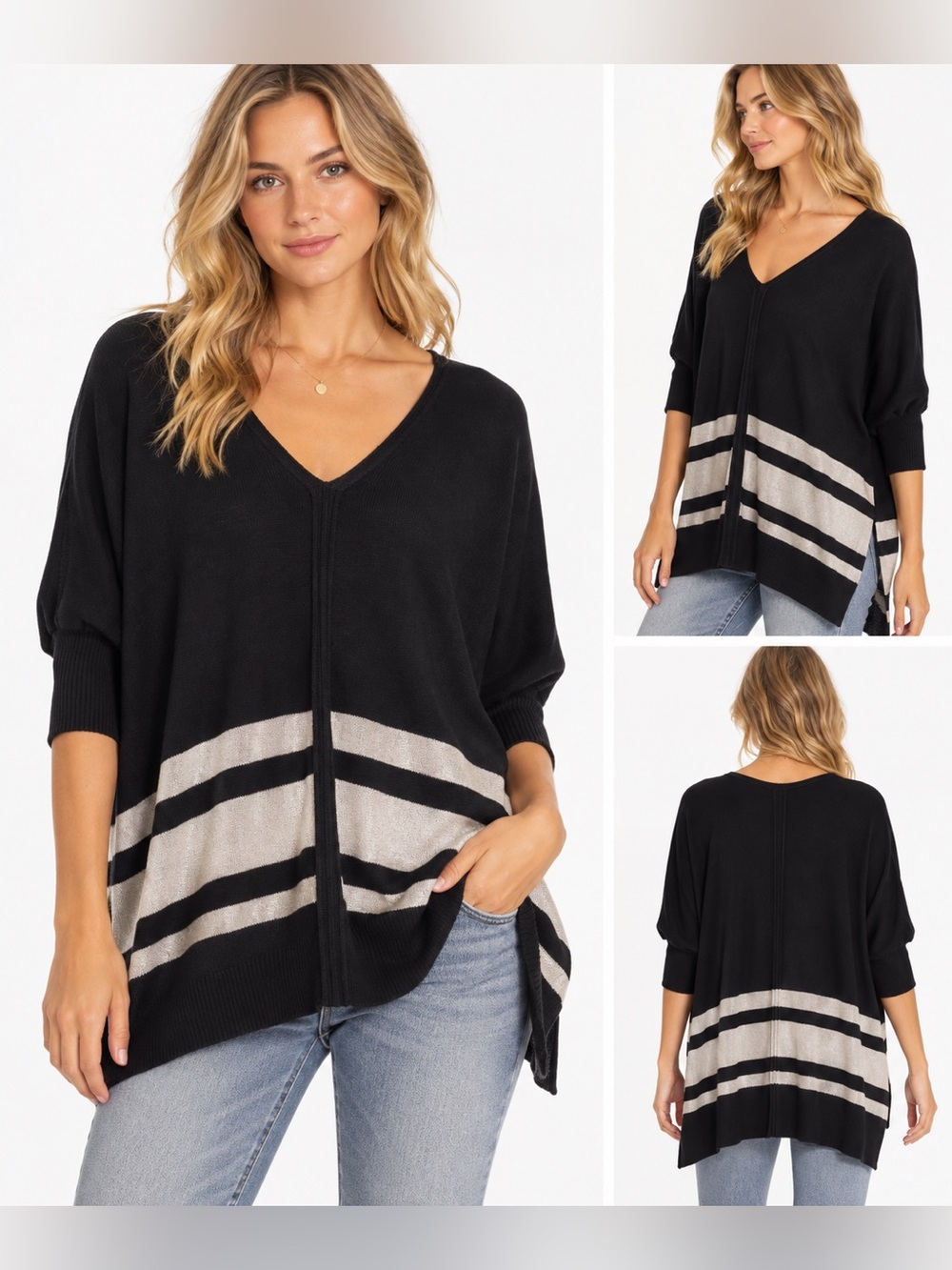NWOT Trina Turk Black andMetallic Striped V-Neck Tunic Poncho